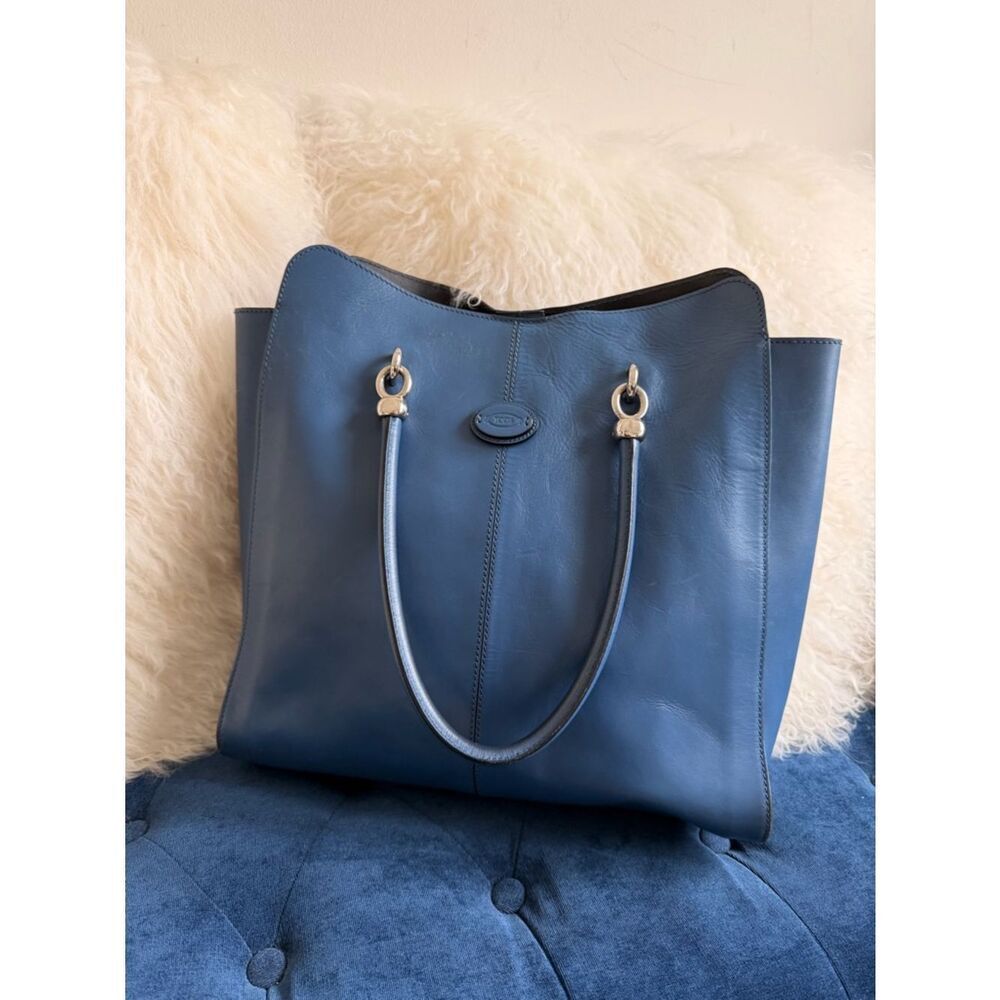 Tods Blue Leather Tote Bag with Silver Hardware